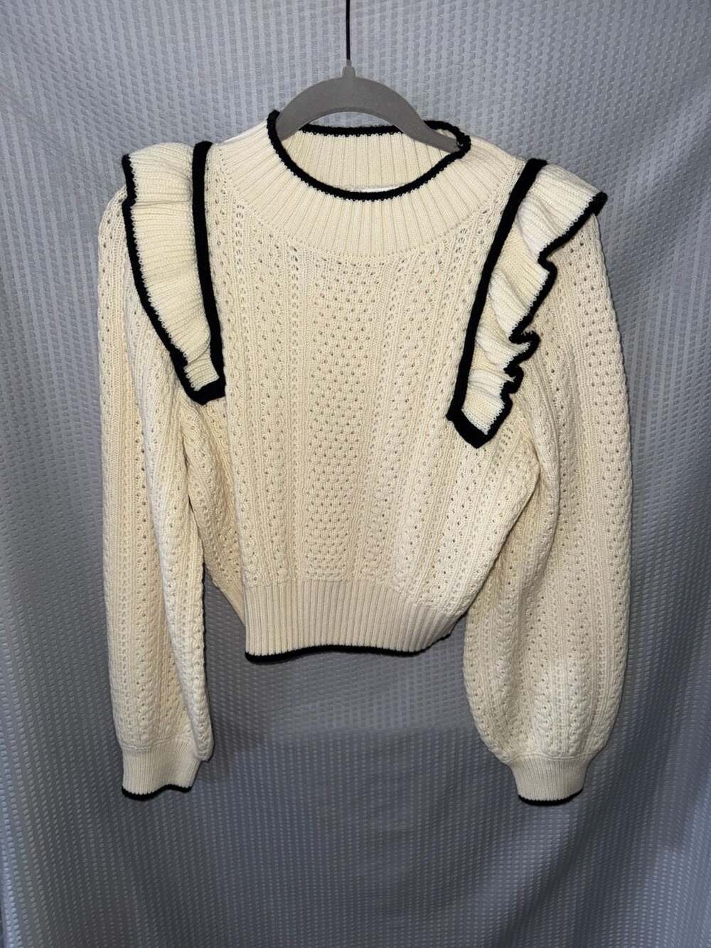 Mable Cream and Black Ruffle Detail Knit Sweater Size S